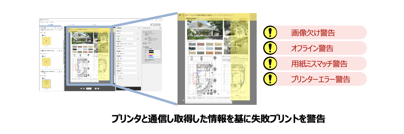 プリンターと通信し取得した情報を基に失敗プリントを警告